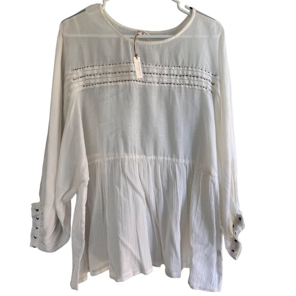 World Market Womens L/XL White Cotton Tunic Blouse Boho Stitch Detailing Sleeves - Picture 1 of 16